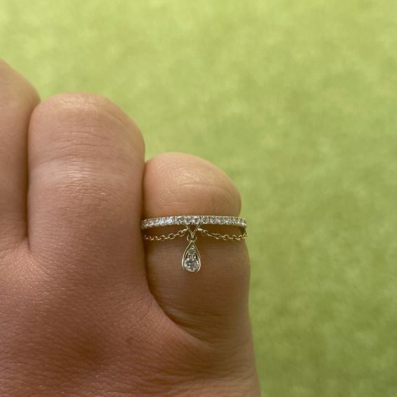 14K Yellow Gold Diamond Band and Chain Dangle Ring - Picture 2 of 7